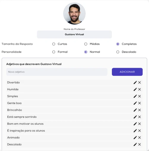 Tela de personalização da IA do mentor.IA com ajustes de estilo de comunicação